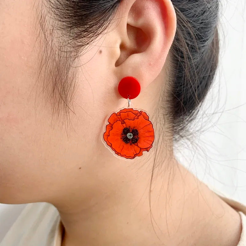 Red Poppy Flower Earrings