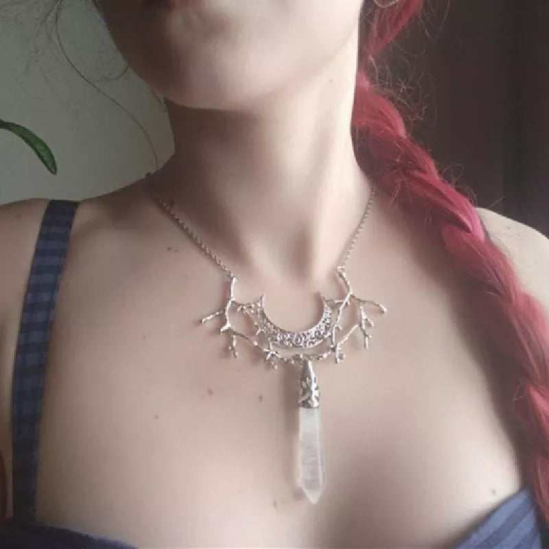 White Crystal Crescent Moon Branches Necklace