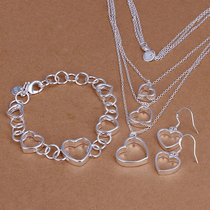 Silver Heart Bracelet, Necklace & Earrings Set